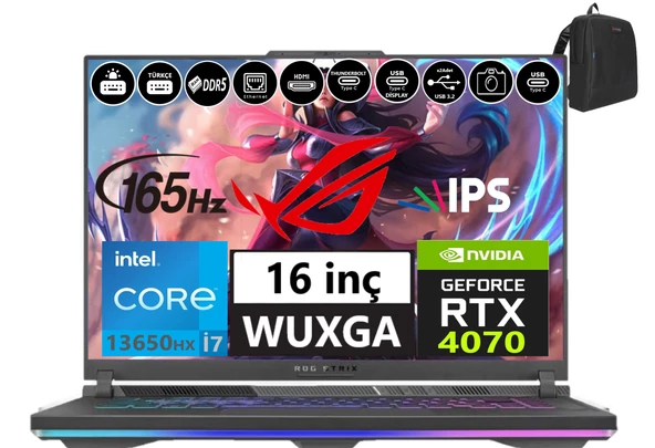 Asus Rog Strix G16 G614JI-N3186 Intel I7-13650HX 96GB Ddr5 4tb SSD 8GB/RTX4070 140W WINDOWS11PRO 16" 165Hz Wuxga IPS Taşınabilir Bilgisayar ROGN318660+WEBLEGELSINÇANTA