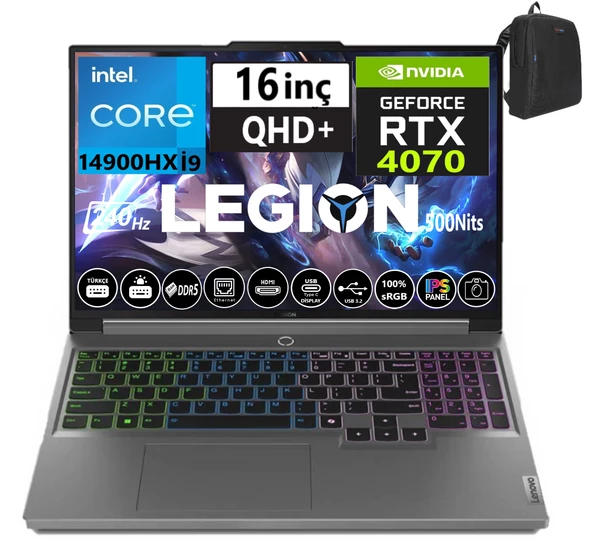Lenovo Legion 5 16IRX9 14.nesil Core I9 14900HX 64GB Ddr5 2tb SSD 8GB/RTX4070 140W WINDOWS11 16" Wqxga 240Hz 500NITS IPS Taşınabilir Bilgisayar W83DG00F0TR55+WEBLEGELSINÇANTA