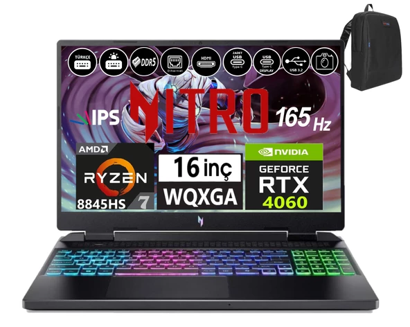 Acer Nitro 16 AN16-42 Amd R7 8845HS Aı 96GB Ddr5 512GB SSD 8GB/RTX4060 WINDOWS11HOME 16" 165Hz Wqxga IPS Taşınabilir Bilgisayar WNHQSKEY00137+WEBLEGELSINÇANTA