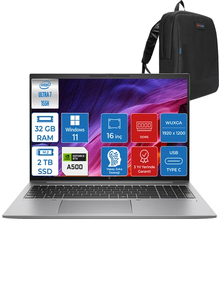 HP Zbook Firefly G11 Intel Ultra 7 155H 32GB 2tb SSD 4GB/RTXA500 Wuxga 16" W11PRO Mobil Iş Istasyonu ZBF5G4B8EWP01 + Zettaçanta