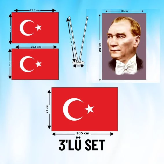 3'LÜ SET_2Lİ BAYRAK+ BAYRAK+ ATATÜRK POSTERİ