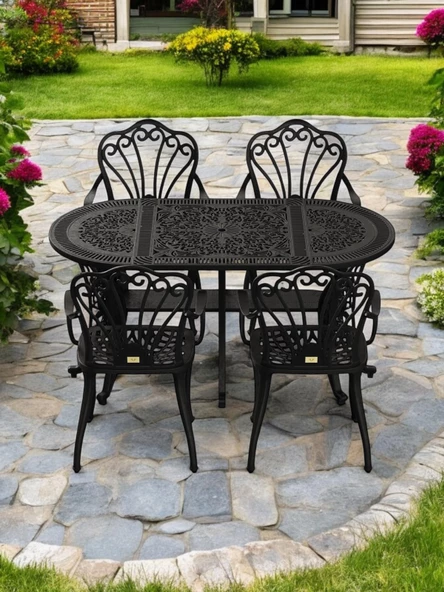 Ferforje görünümlü Plastik Oval İstanbul Masa Sandalye Takımı 1 Masa 4 Sandalye Balkon, Bahçe Mobilyası - 21