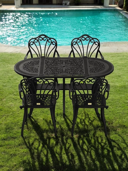 Ferforje görünümlü Plastik Oval İstanbul Masa Sandalye Takımı 1 Masa 4 Sandalye Balkon, Bahçe Mobilyası - 20