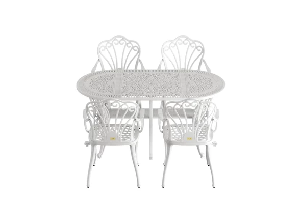 Ferforje görünümlü Plastik Oval İstanbul Masa Sandalye Takımı 1 Masa 4 Sandalye Balkon, Bahçe Mobilyası - 16