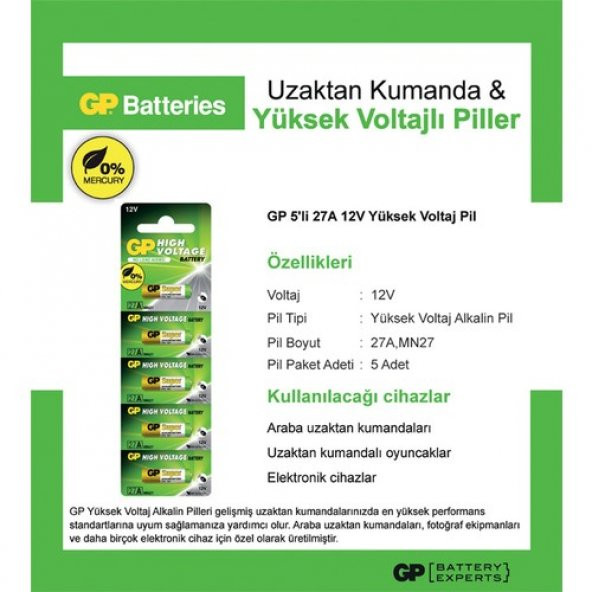 GP 27A 12V Pil Alkalin Yüksek Voltaj 5li Paket - 3