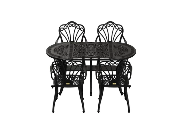 Ferforje görünümlü Plastik Oval İstanbul Masa Sandalye Takımı 1 Masa 4 Sandalye Balkon, Bahçe Mobilyası - 3