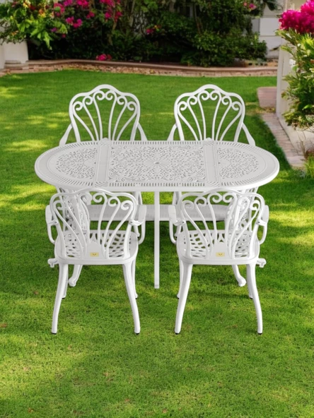 Ferforje görünümlü Plastik Oval İstanbul Masa Sandalye Takımı 1 Masa 4 Sandalye Balkon, Bahçe Mobilyası - 14