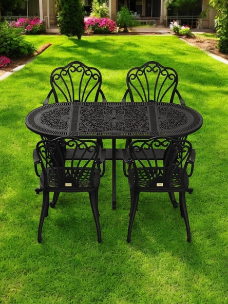 Ferforje görünümlü Plastik Oval İstanbul Masa Sandalye Takımı 1 Masa 4 Sandalye Balkon, Bahçe Mobilyası - 7