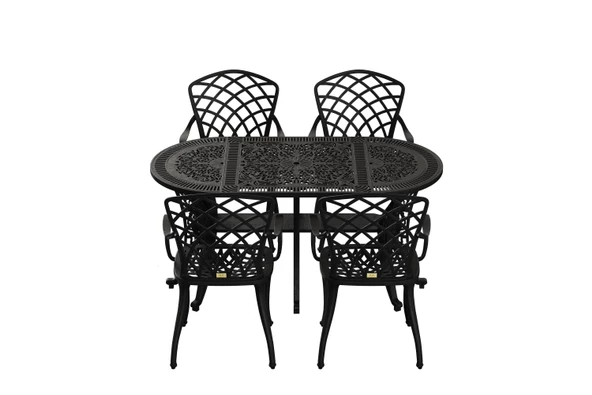 Ferforje görünümlü Plastik Oval Hitit Masa Sandalye Takımı 1 Masa 4 Sandalye Balkon, Bahçe Mobilyası - 3