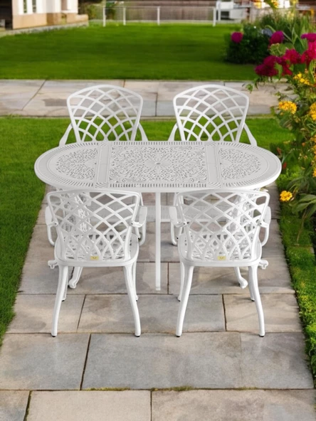 Ferforje görünümlü Plastik Oval Hitit Masa Sandalye Takımı 1 Masa 4 Sandalye Balkon, Bahçe Mobilyası - 14