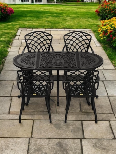 Ferforje görünümlü Plastik Oval Hitit Masa Sandalye Takımı 1 Masa 4 Sandalye Balkon, Bahçe Mobilyası - 21