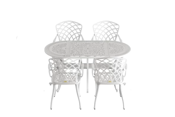 Ferforje görünümlü Plastik Oval Hitit Masa Sandalye Takımı 1 Masa 4 Sandalye Balkon, Bahçe Mobilyası - 4