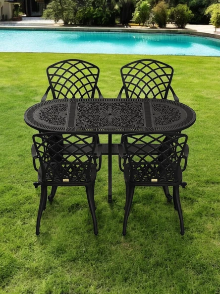 Ferforje görünümlü Plastik Oval Hitit Masa Sandalye Takımı 1 Masa 4 Sandalye Balkon, Bahçe Mobilyası - 20