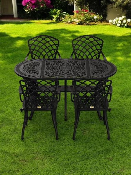 Ferforje görünümlü Plastik Oval Hitit Masa Sandalye Takımı 1 Masa 4 Sandalye Balkon, Bahçe Mobilyası