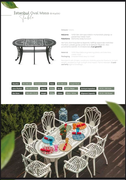 Ferforje görünümlü Plastik Oval Hitit Masa Sandalye Takımı 1 Masa 4 Sandalye Balkon, Bahçe Mobilyası - 22