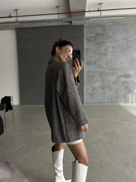 Kahve 1. Sınıf Kalite Balık Sırtı Oversize Kaşe Kaban - 7