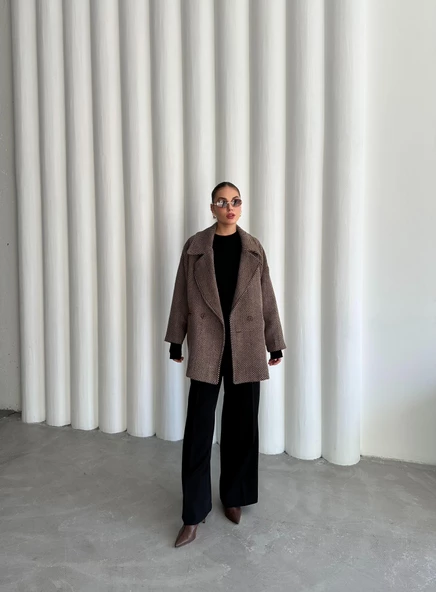 Camel-Siyah 1. Sınıf Kalite Balık Sırtı Oversize Kaşe Kaban - 5