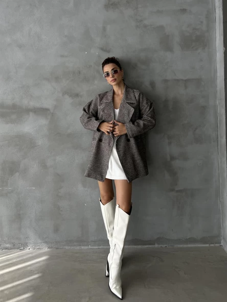Kahve 1. Sınıf Kalite Balık Sırtı Oversize Kaşe Kaban - 8