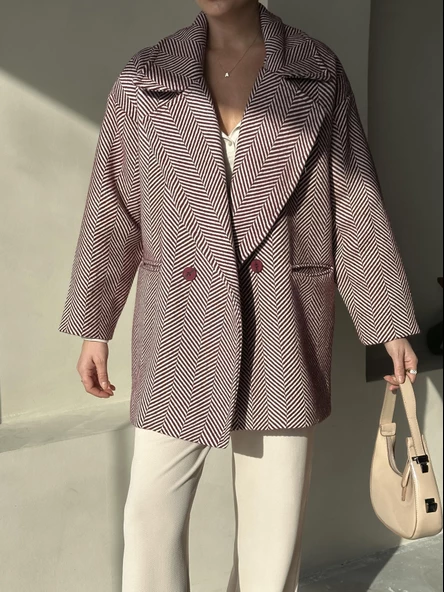 Bordo 1. Sınıf Kalite Balık Sırtı Oversize Kaşe Kaban - 2