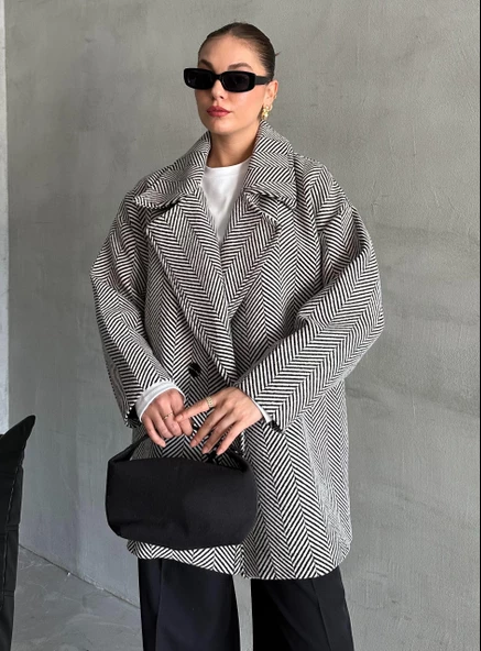 Siyah 1. Sınıf Kalite Balık Sırtı Oversize Kaşe Kaban