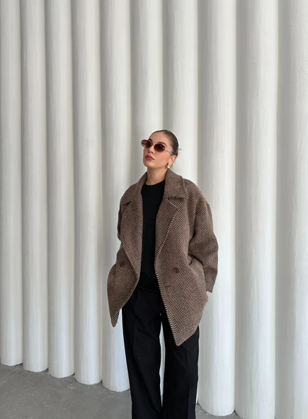 Camel-Siyah 1. Sınıf Kalite Balık Sırtı Oversize Kaşe Kaban - 10