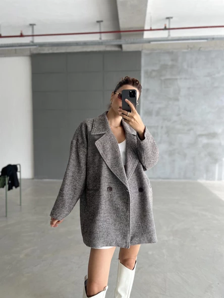 Kahve 1. Sınıf Kalite Balık Sırtı Oversize Kaşe Kaban - 3