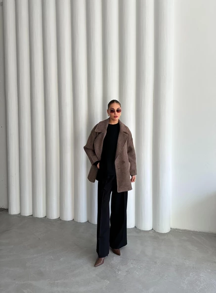 Camel-Siyah 1. Sınıf Kalite Balık Sırtı Oversize Kaşe Kaban - 7