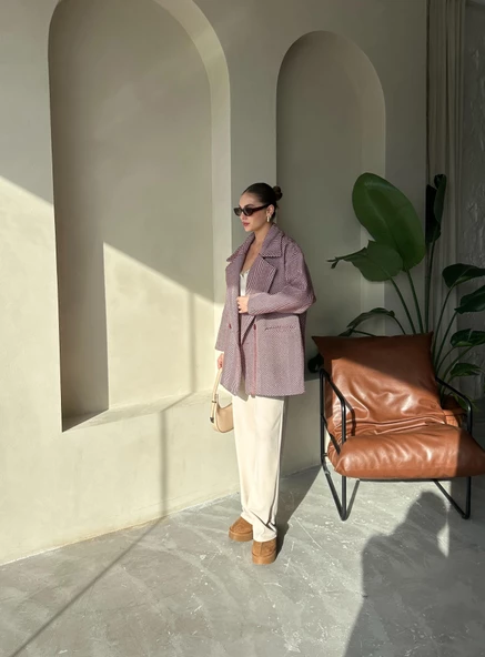 Bordo 1. Sınıf Kalite Balık Sırtı Oversize Kaşe Kaban - 9
