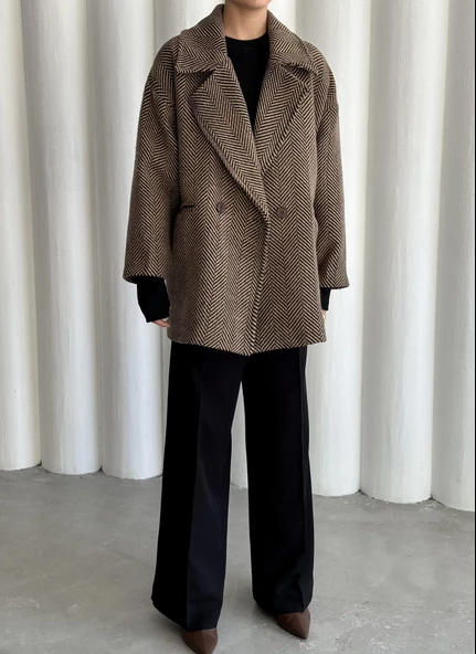 Camel-Siyah 1. Sınıf Kalite Balık Sırtı Oversize Kaşe Kaban - 4