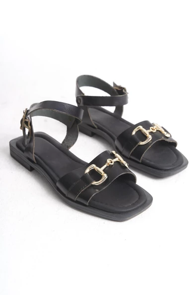 Kadın Hakiki Deri Önü Gold Toka Detaylı Tek Bantlı Düz Taban Sandalet - 2