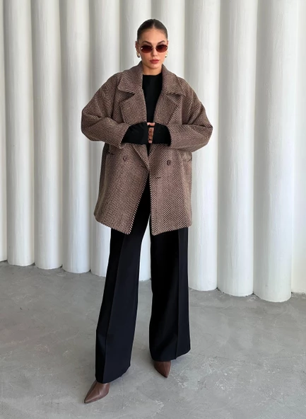 Camel-Siyah 1. Sınıf Kalite Balık Sırtı Oversize Kaşe Kaban