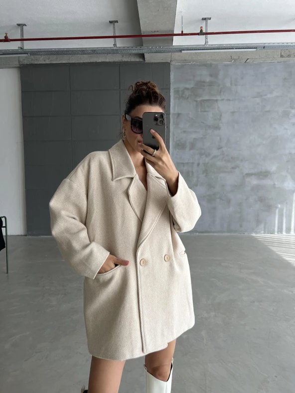 Taş 1. Sınıf Kalite Balık Sırtı Oversize Kaşe Kaban - 9