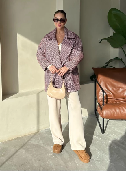 Bordo 1. Sınıf Kalite Balık Sırtı Oversize Kaşe Kaban