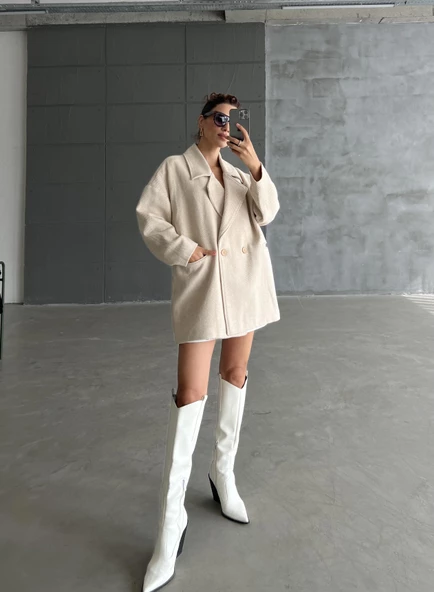 Taş 1. Sınıf Kalite Balık Sırtı Oversize Kaşe Kaban - 3