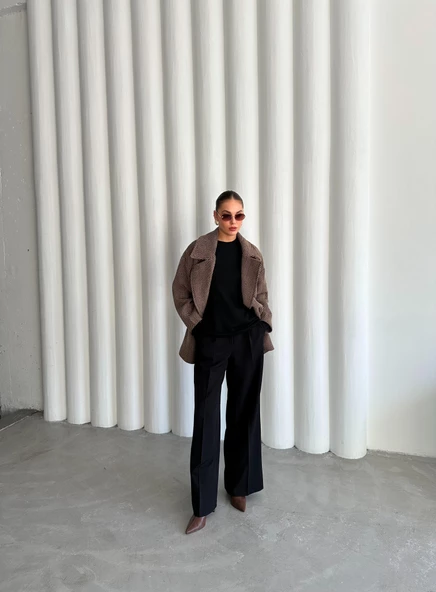 Camel-Siyah 1. Sınıf Kalite Balık Sırtı Oversize Kaşe Kaban - 6