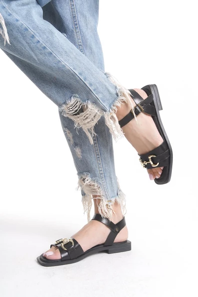 Kadın Hakiki Deri Önü Gold Toka Detaylı Tek Bantlı Düz Taban Sandalet - 3