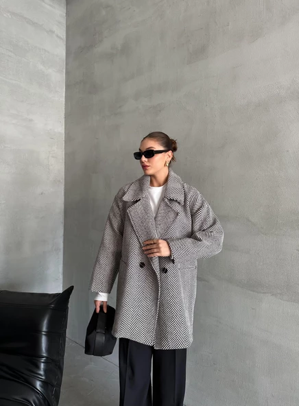 Siyah 1. Sınıf Kalite Balık Sırtı Oversize Kaşe Kaban - 8