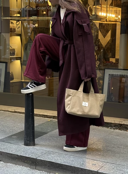 Bordo Kolları Cep Detaylı Premium Kaban - 6