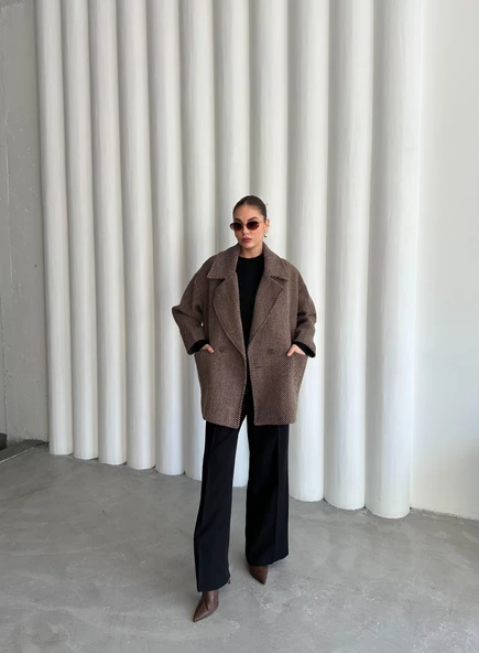 Camel-Siyah 1. Sınıf Kalite Balık Sırtı Oversize Kaşe Kaban - 8
