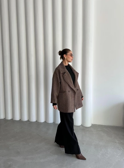 Camel-Siyah 1. Sınıf Kalite Balık Sırtı Oversize Kaşe Kaban - 9