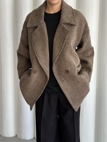 Camel-Siyah 1. Sınıf Kalite Balık Sırtı Oversize Kaşe Kaban - 3