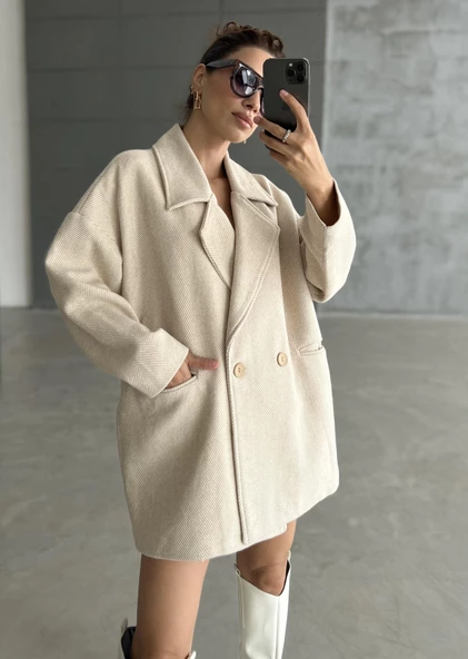 Taş 1. Sınıf Kalite Balık Sırtı Oversize Kaşe Kaban
