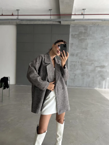Kahve 1. Sınıf Kalite Balık Sırtı Oversize Kaşe Kaban - 2
