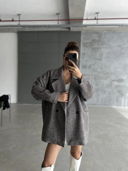 Kahve 1. Sınıf Kalite Balık Sırtı Oversize Kaşe Kaban