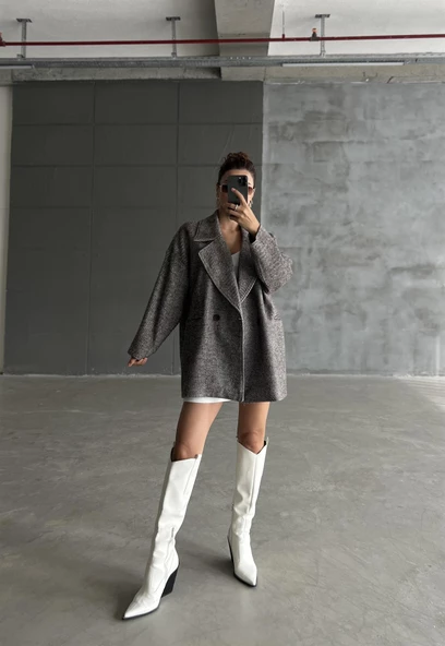 Kahve 1. Sınıf Kalite Balık Sırtı Oversize Kaşe Kaban - 6