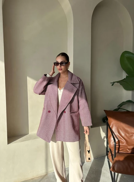 Bordo 1. Sınıf Kalite Balık Sırtı Oversize Kaşe Kaban - 4