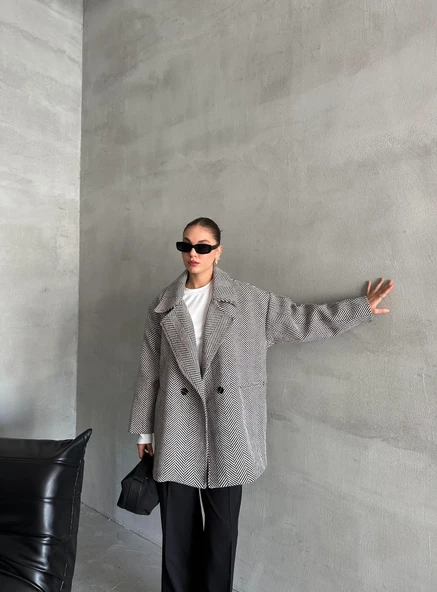 Siyah 1. Sınıf Kalite Balık Sırtı Oversize Kaşe Kaban - 6