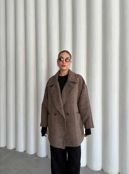 Camel-Siyah 1. Sınıf Kalite Balık Sırtı Oversize Kaşe Kaban - 11