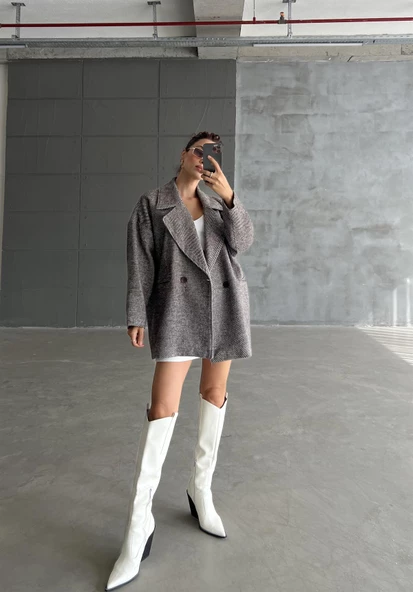 Kahve 1. Sınıf Kalite Balık Sırtı Oversize Kaşe Kaban - 5
