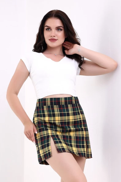 For Pretty Kadın Önü Çift Yırtmaçlı Ekose Etek - 4